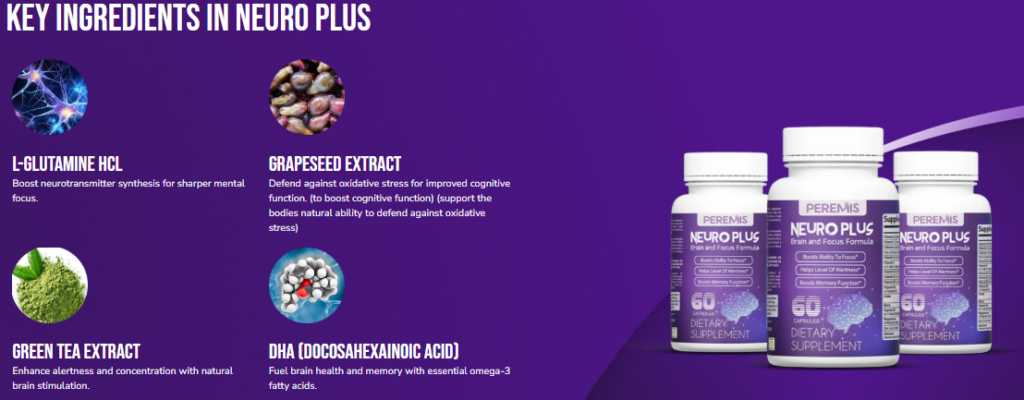 "Image showing the key ingredients of Neuro Plus: L-Glutamine HCL, Grapeseed Extract, Green Tea Extract, and DHA, designed to enhance brain health and cognitive function